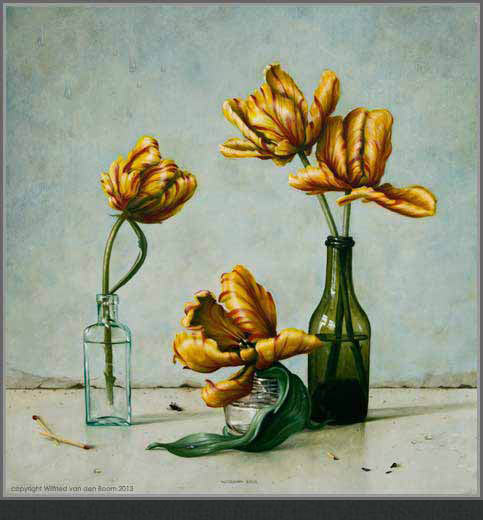 Four tulips in three flasks